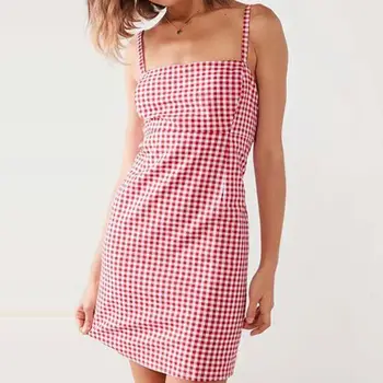 

Womens Spaghetti Strap Square Neck Sexy Slim Package Hip Mini Pencil Dress Vintage Plaid Print Empire Waist Night Party Clubwear