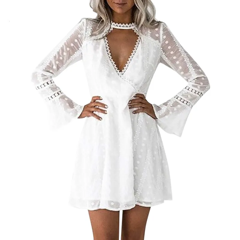 

Casual hollow out lace dress elegant women's Flare Long sleeves midi with v-neck white dress Autumn Chic party sexy vestidos Rob