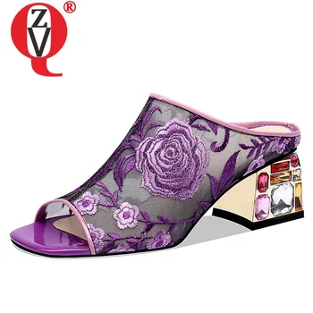 

ZVQ shoes woman 2019 summer new fashion sexy open toe mesh embroider woman shoes outside high hoof heels crystal ladies sandals