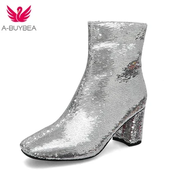 

Bling Bling Upper Ladies Ankle Boots Sequined Fashion Zipper Thick High Heels Square Toe Winter Boots Silver Women Shoes Size 43
