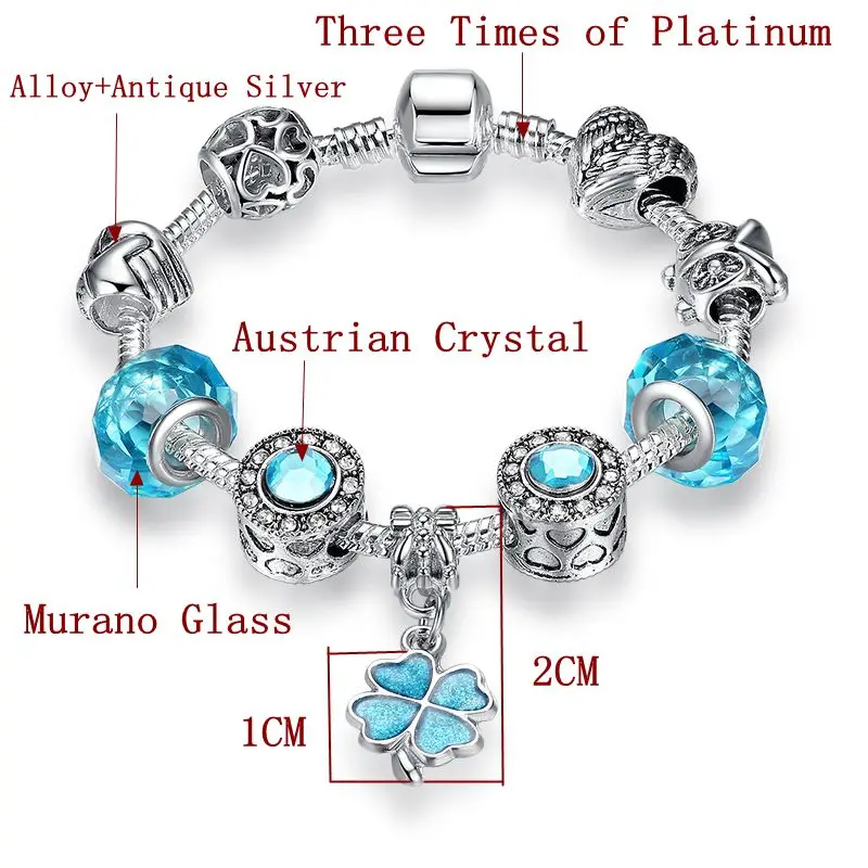 ELESHE Christmas Gift Blue Murano Glass Beads Crystal Clover Charm Bracelet Fit European Bracelet for Women Friendship Jewelry