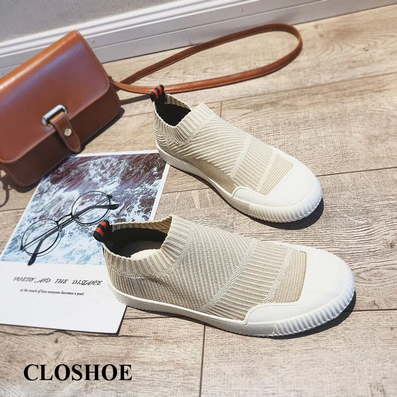 

CLOSHOE Coconut Shoe Female Shoe Female Student Loafer Shoe Spring Summer Flies Knit Low To Help Knit Flat Bottom Shoe