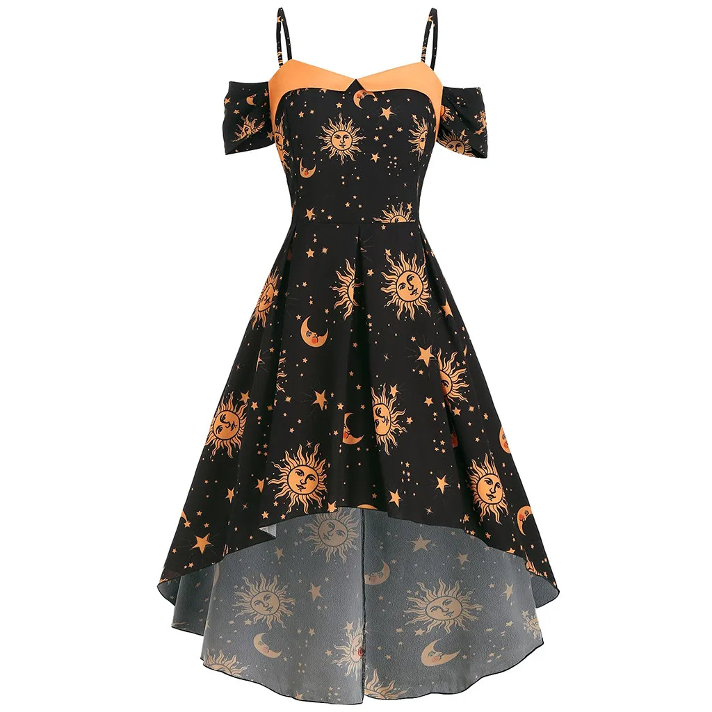 Женское платье Новая мода регулируемый плечевой ремень элегантное платье лето звезда, солнце и луна женское модное Повседневное платье на бретелях - Цвет: Black