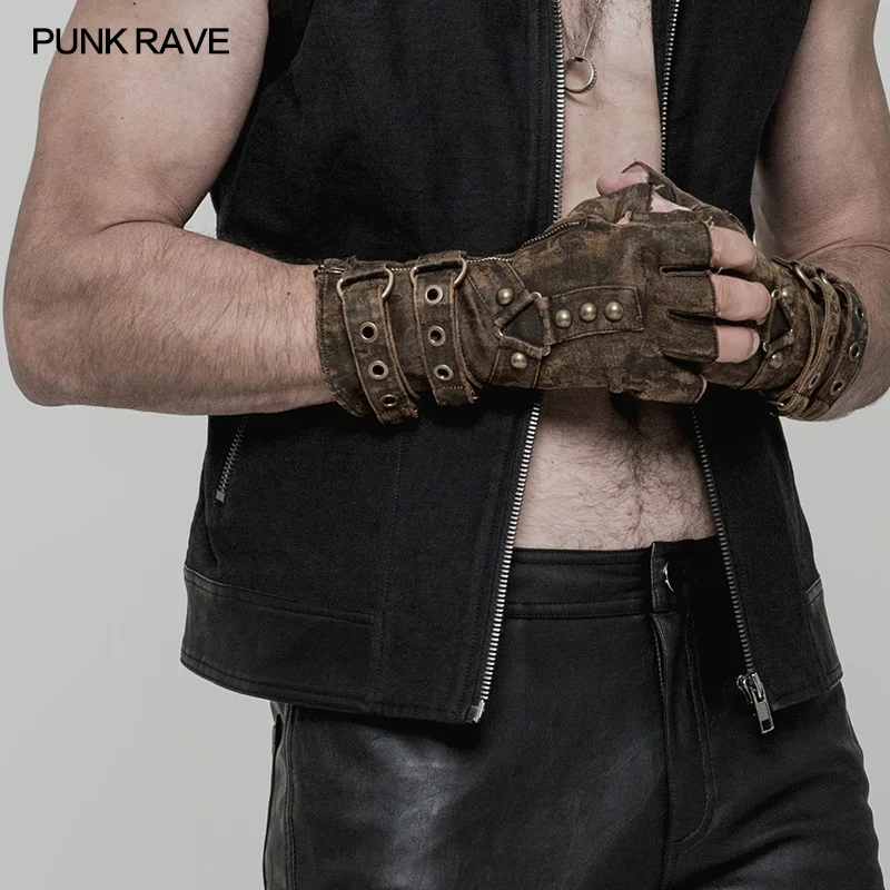 

PUNK RAVE Mens Punk Gloves Rock Fingerless Gloves Military Punk Motocycle Streetwear Style Personality Halloween Accessories