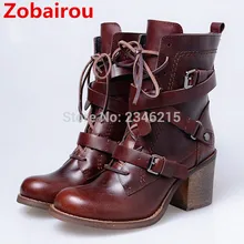 Zobairou botas mujer модные Обувь на высоком каблуке на шнуровке ковбойские ботинки в стиле панк Байкер Ботинки женские непромокаемые сапоги