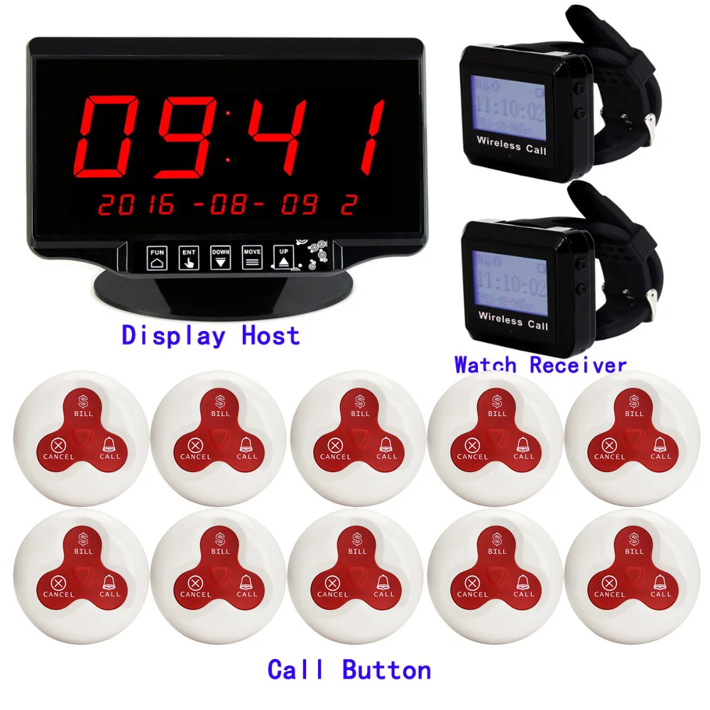 

433MHz Wireless Pager Restaurant Calling System 1 Receiver Host + 2 Watch Receiver + 10 Call Transmitter Button F3260