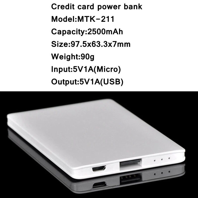 Кредитная карта Мощность банка 2500 мА/ч, Портативный Мини Размер резервная батарея с USB для зарядки телефона полимерная батарея