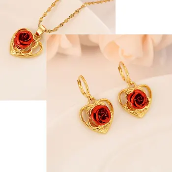 

France NEW Charm 14 k YELLOW FINE SOLID GOLD FILLED Dangling PENDANTS EARRING WITH MAGNIFICENT RED ROSE FLOWER HEART DESIGN