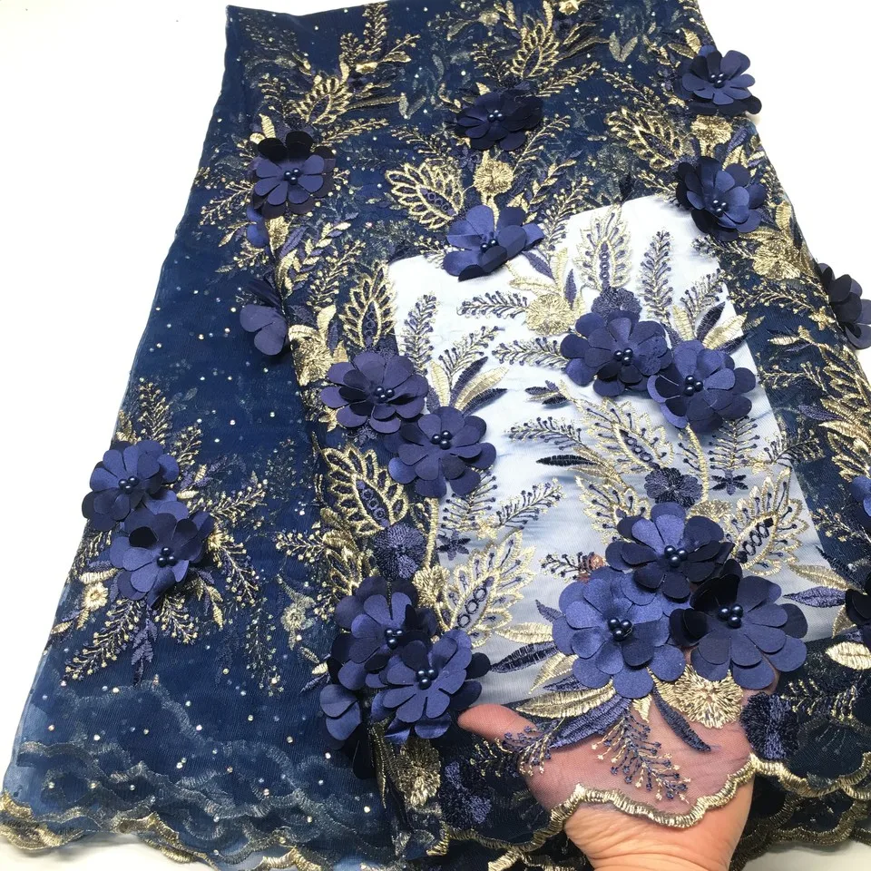 

African Lace Fabric 2019 High Quality Lace with 3d Lace Flowers, French Lace Fabric with Beaded Nigerian Lace Fabrics for Dress