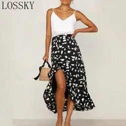 Lossky Элегантный Dot Макси-юбка с принтом пикантные нерегулярные Лето Высокая талия модные юбки для женщин женские пляжные оборками Длинная