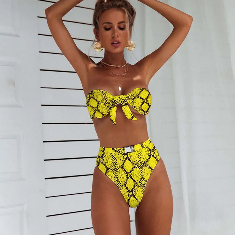 Knoted Bikini 2019 Sexy serpiente leopardo traje De baño mujeres traje De baño Bandeau Bikini cintura alta De Maillot De Bain Femme
