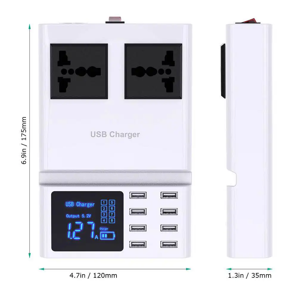 Многопортовое USB зарядное устройство 8А светодиодный цифровой дисплей 2 розетки переменного тока 2500 ватт зарядная станция для смартфонов, мобильных телефонов и планшетов