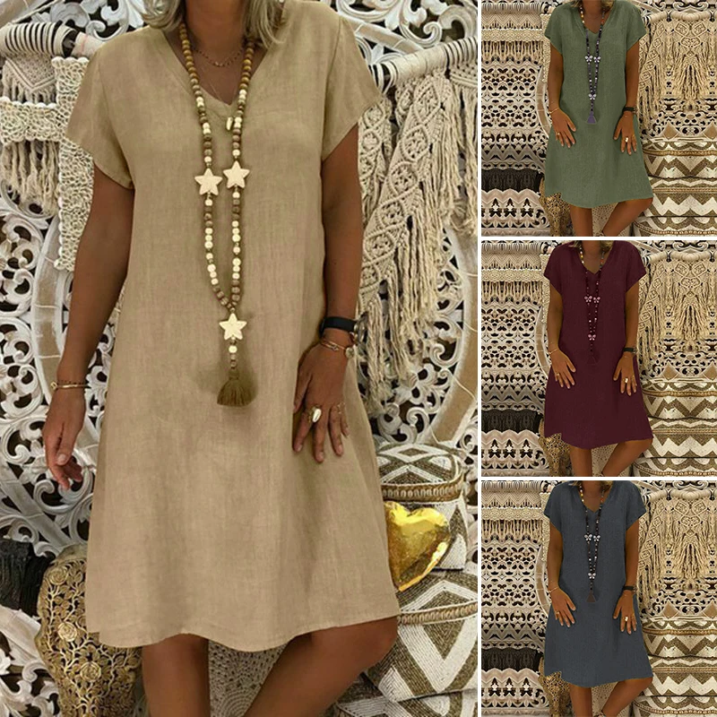 ZANZEA женское летнее хлопковое льняное платье с коротким рукавом Vestido Robe Kaftan Femme Винтаж V образным вырезом цветочный принт праздничный сарафан 5XL