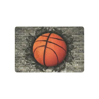 

a Basketball Embedded in a Brick Wall Anti-slip Door Mat Home Decor, Sports Indoor Outdoor Entrance Doormat Rubber Backing