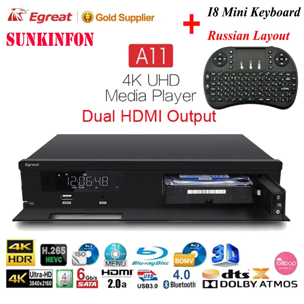 Egreat A11 3D 4K Blu-Ray HDD медиаплеер 2 Гб 16 Гб двойной HDMI выход Bluetooth Android tv Box Dolby Atmos/DTS: X, для домашнего кинотеатра - Цвет: A11 N I8 Russian