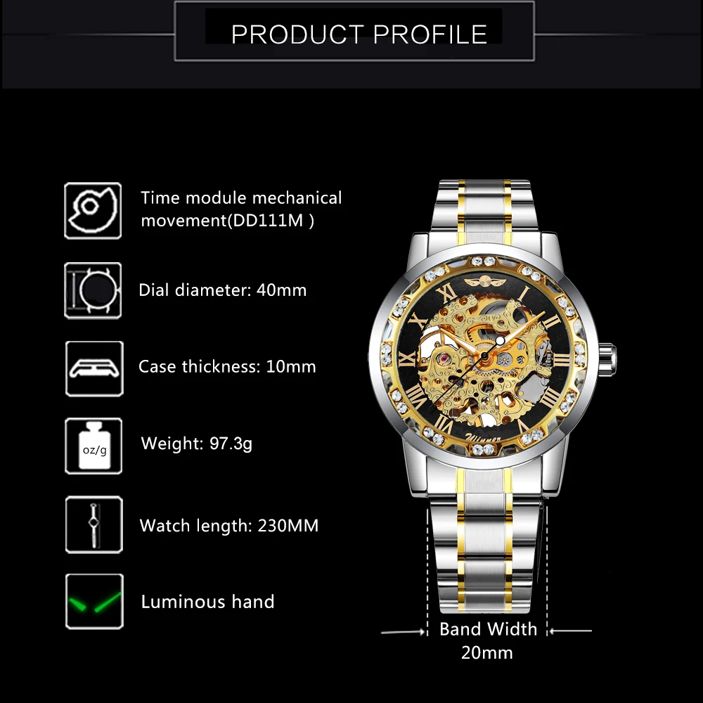 WINNER Skeleton Mechanical Watch Men Crystal Iced Out Golden Dial Brand Luxury Man Watch Steel Strap Business Wristwatch