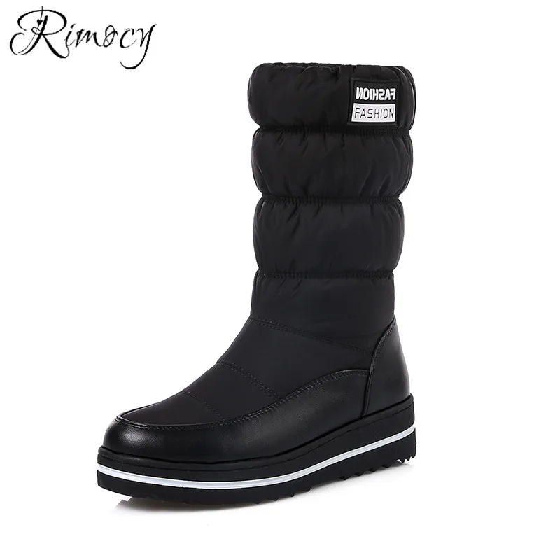 

Rimocy 2018 Winter Women Snow Boots Platform Waterproof Down Keep Warm Ladies Mid Calf Boots Casual Round Toe Flats Shoes Woman