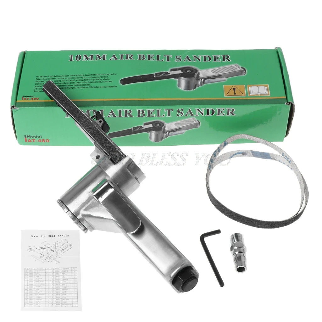 

10mm Pneumatic Air Belt Sander Polisher Grinding Machine Tool With 3 Grit Belts