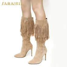 SARAIRIS/Прямая поставка, большие размеры 32-46, плюшевые зимние сапоги до колена женская обувь женские вечерние сапоги на высоком каблуке с бахромой
