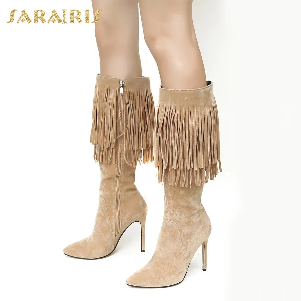 

SARAIRIS dropship big Size 32-46 Plush Winter knee-high Boots Women Shoes Woman High Heels Party Fringes Boots Female