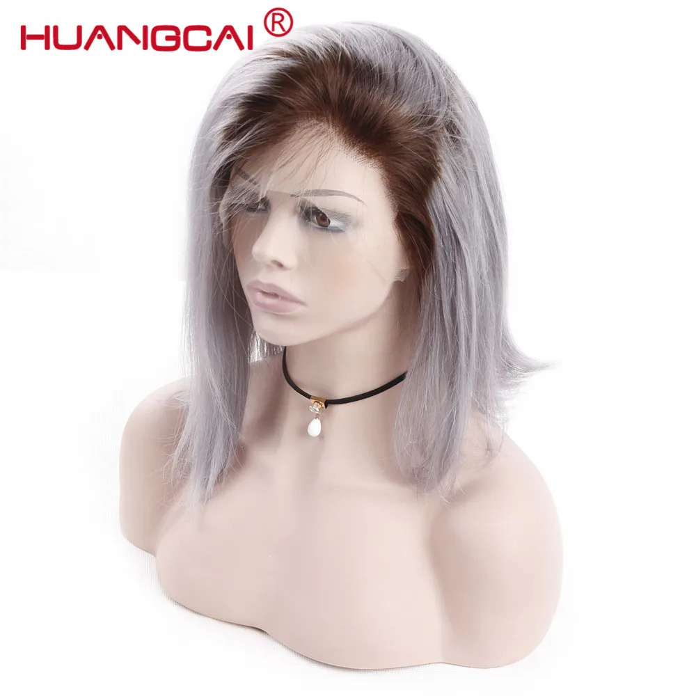 Разноцветные короткий парик-Боб перуанские Omber 1b/серые прямые парики из человеческих волос для женщин предварительно сорванные Реми кружевные парики