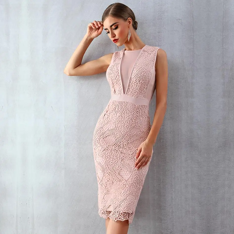 

Newest Celebrity Evening Party Bodycon Bandage Dress Women Sleeveless O-Neck Lace Sexy Night Out Club Dress Women Vestidos