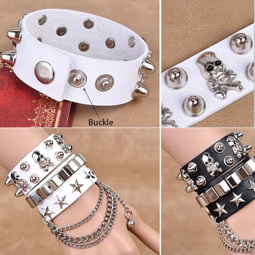 

Gothic Skull Punk Bracelet Rivet Leather Cuff Bangle W/Adjustable Button For Mens Women Halloween Party Bracelet