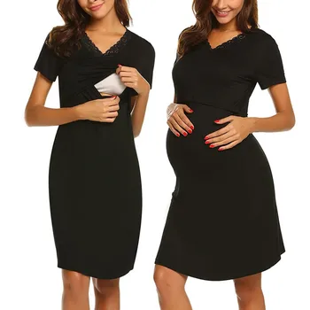 

Pregnancy Lace Dress Women Breastfeeding Nursing Baby Dresses Ropa Premama Summer Short Sleeve Nightdress Suit For S-2XL