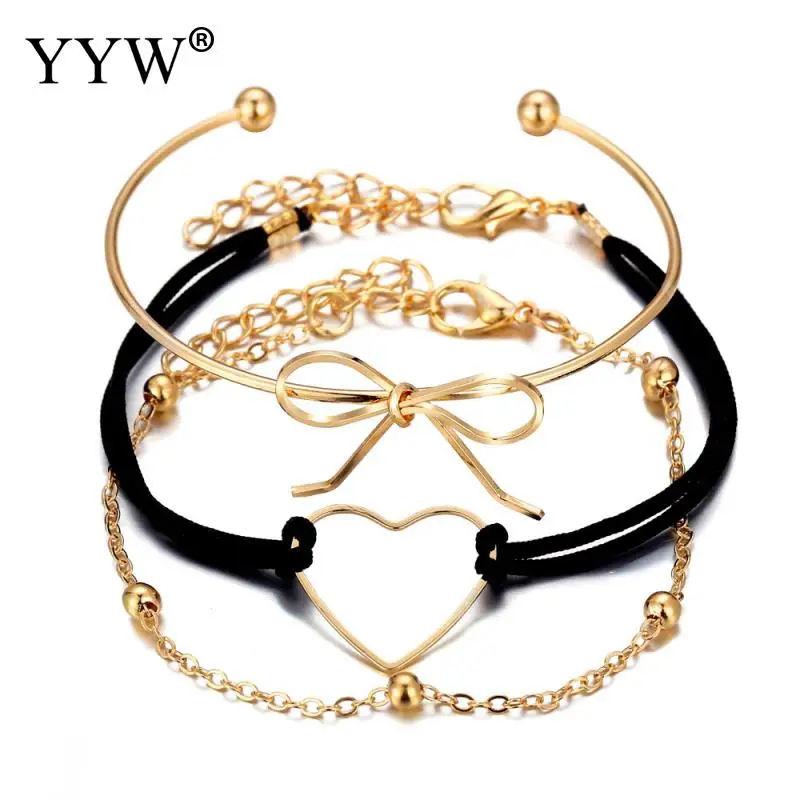 

3Pcs/ Set Women Bracelets Bohemian Hollow Heart Knot Round Chain Opening Gold Bracelet Set Fashion Women Jewelry