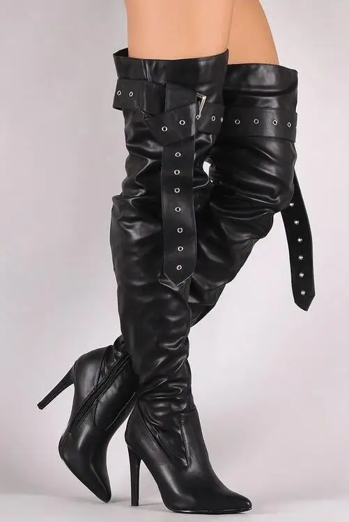 

2018 Spring New Arrival Black Smooth Leather Women Over The Knee Boot Leather Buckle Ladies Sexy High Heel Boots Motorcycle Boot