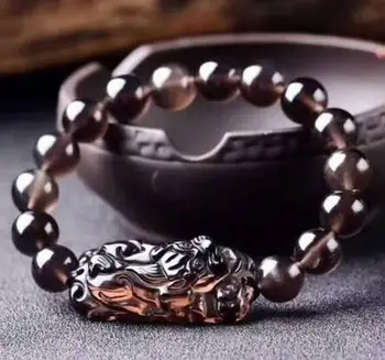 

Natural Obsidian Crystal Icy Black Beads Bracelet Chinese Dragon Pixiu