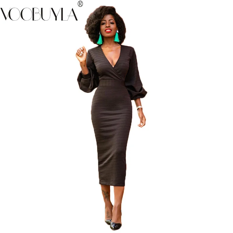 

Voobuyla Solid Pencil Dress for Women 2019 Spring V-Neck Lantern Sleeve Bodycon Dress Female Office Sexy Party Dresses Feminino