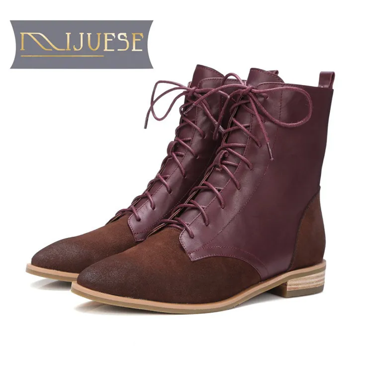 

MLJUESE 2019 women Mid-calf boots cow Suede lace up round toe winter warm short plush low heel boots women Martin boots