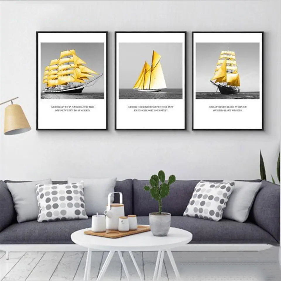 

Nordic Posters Modern Landscape Canvas Painting Gold Sailboat Sea View Wall Pictures Living Room Home Decoration Art Printed
