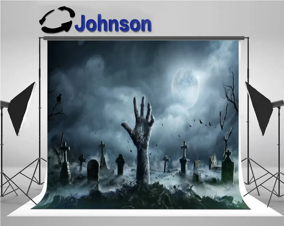 

cemetary Celebrity Zombie Hand Graveyard Spooky Full Moon background Computer print Halloween backdrop