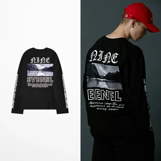 US $15.72 Gothic Letter Print T-shirts Korean Retro Tide Brand Long Sleeve T Shirt Men Skateboard Hip Hop Hig