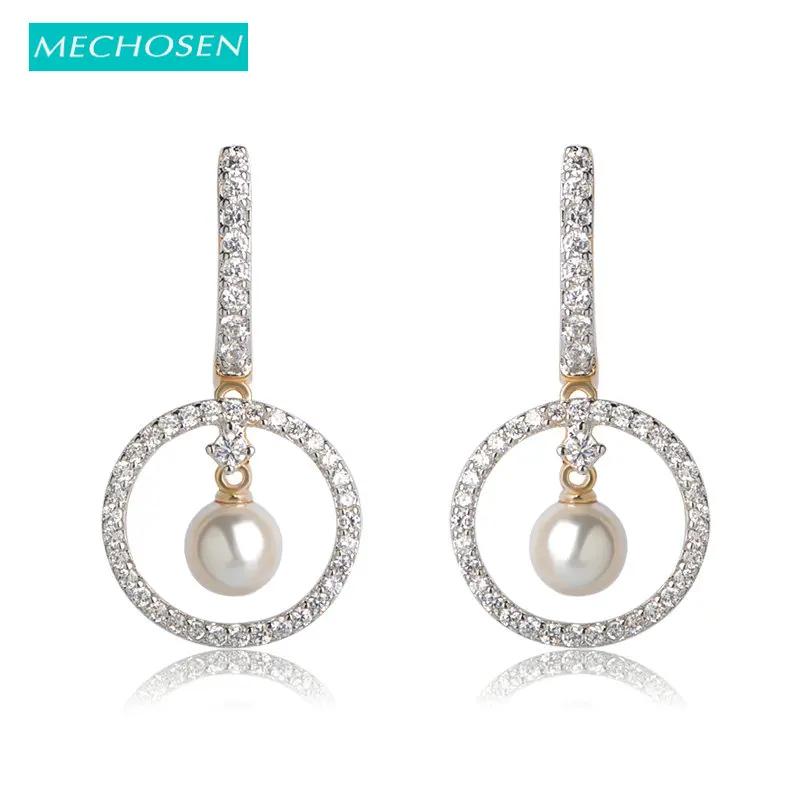 

MECHOSEN Luxury Zirconia Jewelry Round Earrings With Simulated Pearl For Women Gold Color Earrings Copper Ear Piercing Brincos
