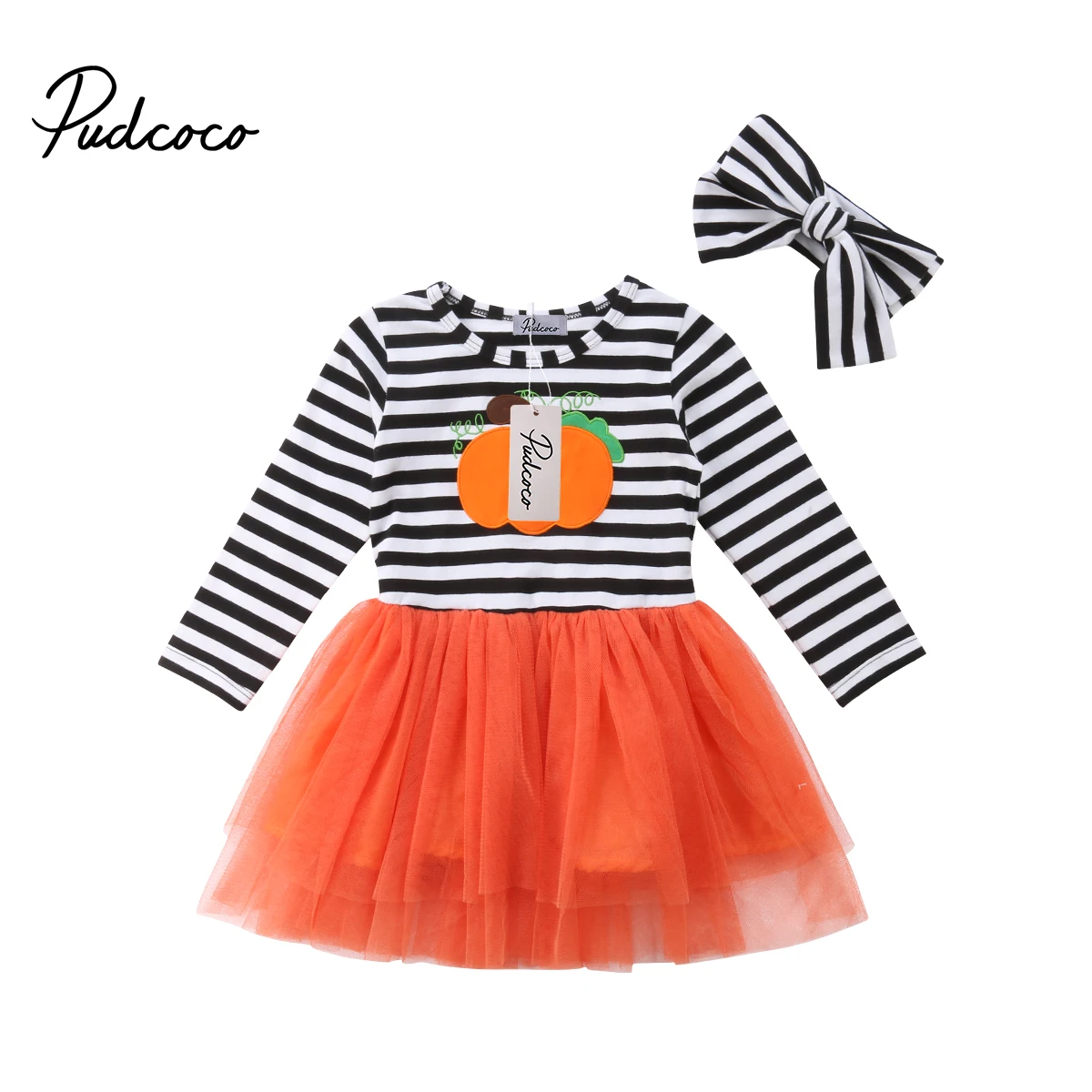 

Kids Baby Girls Halloween Pumpkin Dress Long Sleeve Striped Tulle Party Casual Lace Dresses
