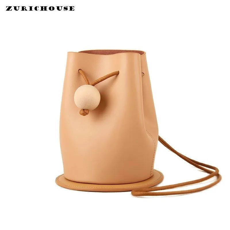 

ZURICHOUSE Retro Bucket Bag Women Real Leather Handmade Round Bottom Drawstring Design Shoulder Bag Messenger Bags Purses