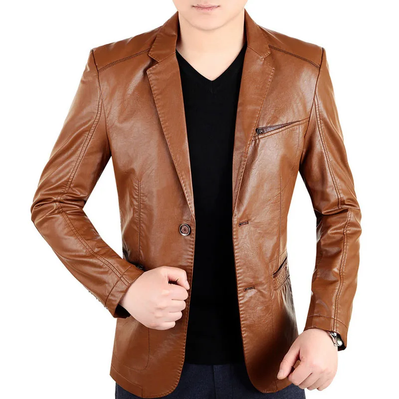 New England Mens Leather 2 Button Formal Dress Suits Fashion Man Blazers Black Red Brown Solid Motorcycle Coat Suede Jacket Male