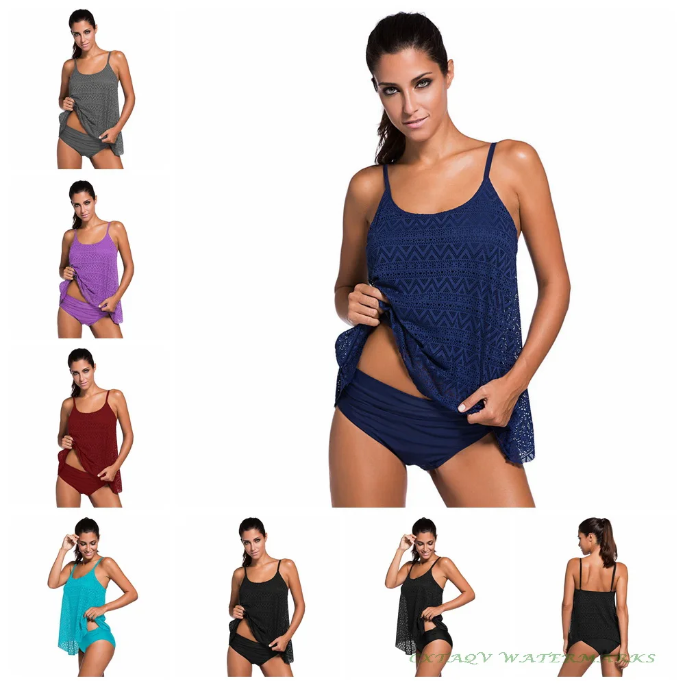 

2019 High Quality Women Mid Waist Tankini Set Swimsuit Solid Top With Mesh Outer Brazilian Bathing Suit Two-pieces Lace Swimwear