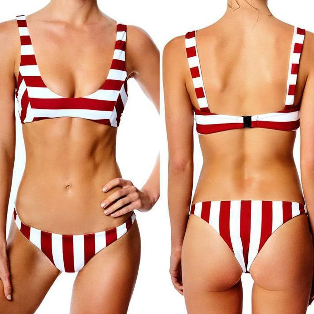 red and white striped triangle bikini top