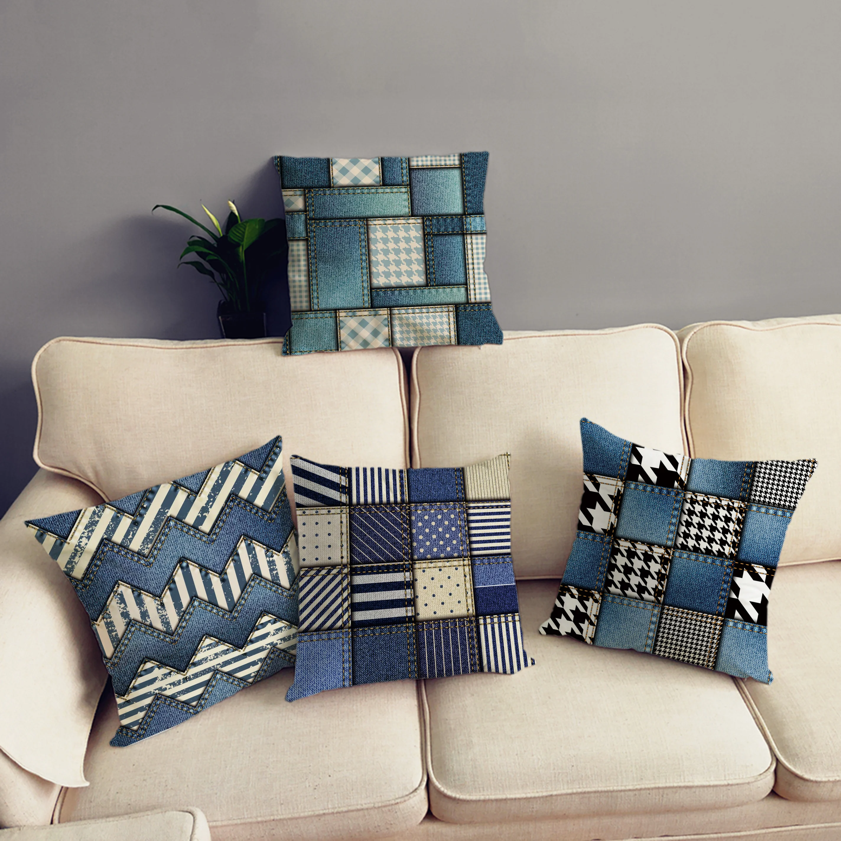 

Geometric Denim Jeans Plaid Cushion Cover Super Soft Short Plush Pillows Covers 45*45 Throw Pillow Case Home Decor Pillowcase