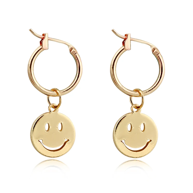 

1pair Funny Smile Face Pendant Hoop Earrings For Women Men Handmade Gold Silver Color Endless Circle Earrings Jewelry E102-3