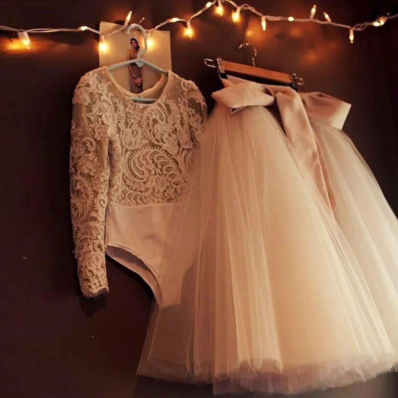 2016 Two Pieces Evening Dresses Long Tutu Tulle Ribbon Lace Long Sleeve Prom Dresses Customized Modest Formal Dresses Party Evening Gowns