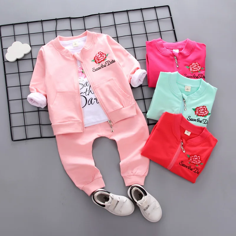 

2018 New Autumn Children suits zip coat+T-shirt+trousers 3pcs/set clothes sets kids baby girls flower print spring wear