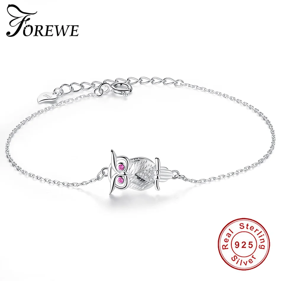 FOREWE 925 серебряный браслет Сова и браслет Регулируемые Браслеты Mujer розовый кристалл браслет для женщин Свадебные украшения