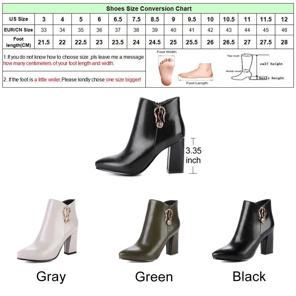 Meotina/женские ботильоны зимняя обувь на высоком каблуке Осенняя обувь на толстом каблуке с металлической молнией г. Женские полусапожки серый цвет, большие размеры 33-43