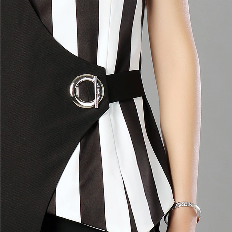 [XITAO] New 2018 Summer Europe Women Striped Patchwork Contrast Color Sleeveless Tops Female Irregular Collar Blouses KZH2019