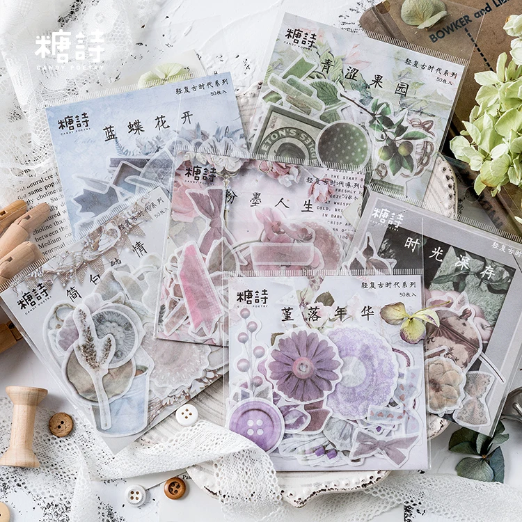 

50pcs/1pack Stationery Stickers Light retro era series Diary Planner Decorative Mobile Stickers Scrapbooking DIY Craft Stickers